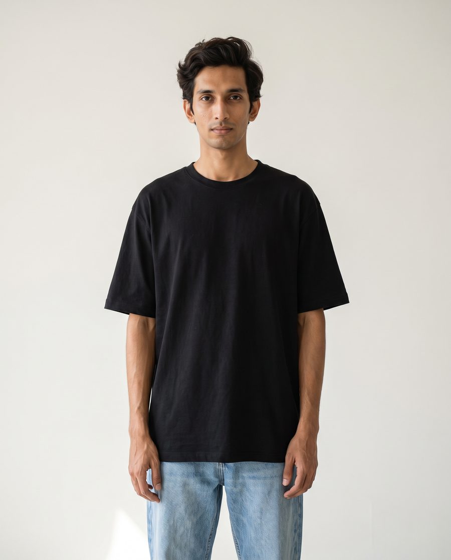 A slim man in an oversized t-shirt and loose jeans